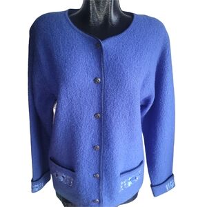 Vintage 90's Emilie Blue Embroidered Pure Wool Cottagecore Cardigan Sweater S